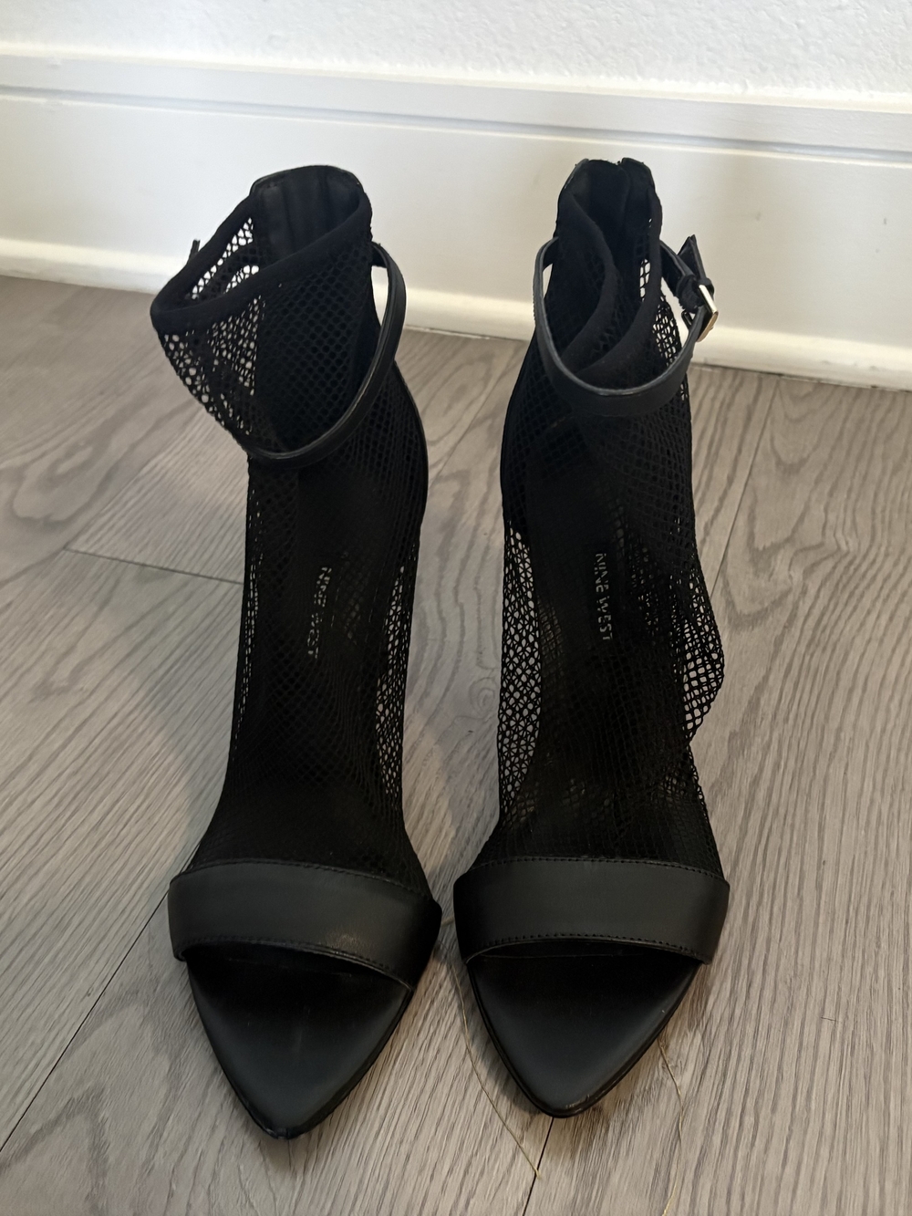 Nine West Black Mesh Ankle-Strap Pointed-Toe Heels